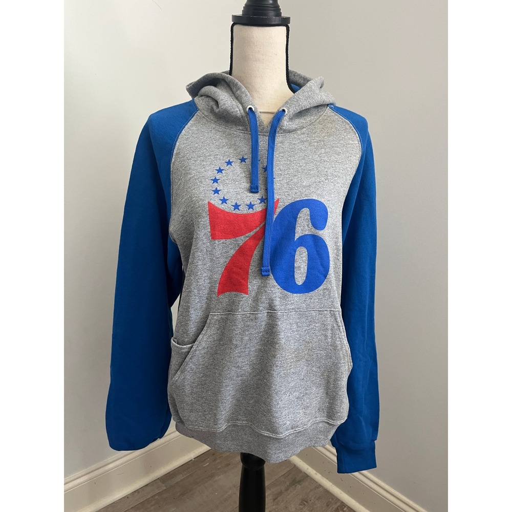 Philadelphia 76ers Unisex Hoodie Gray Blue Raglan NBA Sweatshirt size Small